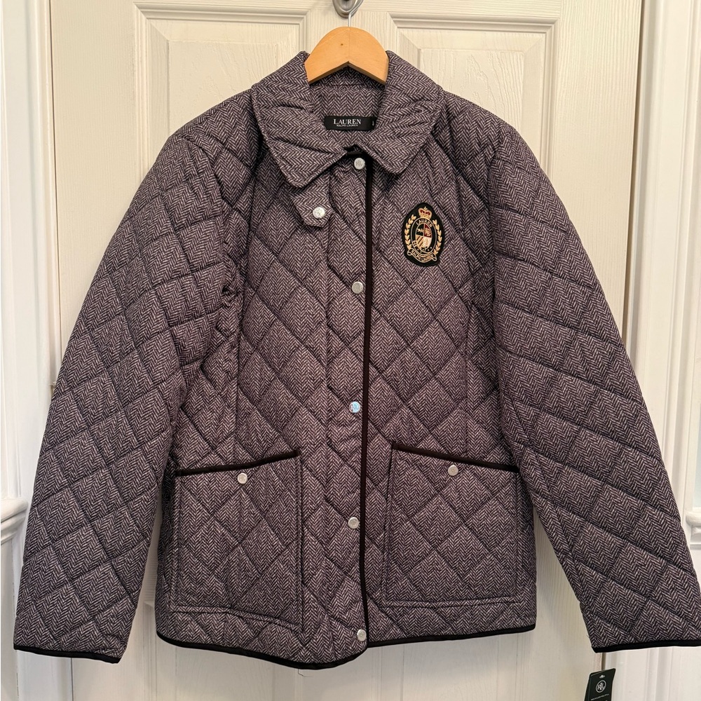 NWT Lauren Ralph Lauren Crest-Patch Quilted Herringbone Jacket Size Large
